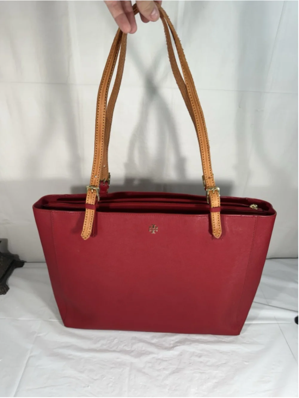 Tory Burch Buckle Large Red Saffiano Leather Laptop Tote Bag Purse new